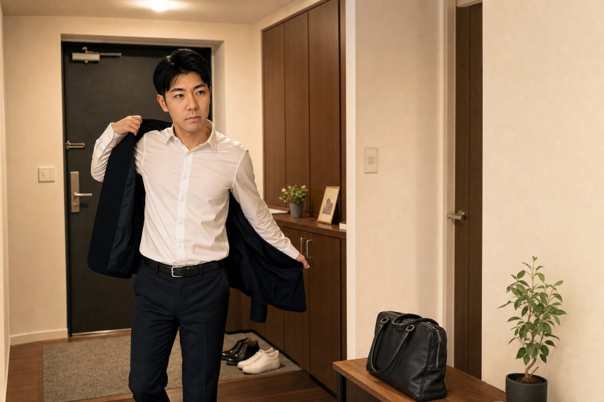 帰宅して玄関でひと息つく男性