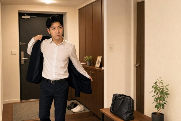 帰宅して玄関でひと息つく男性