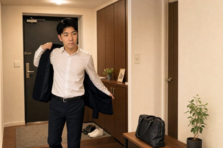 帰宅して玄関でひと息つく男性