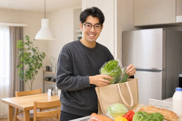 買ってきた食材を片付ける男性