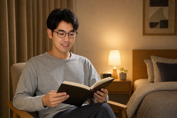 夜に読書を楽しむ男性