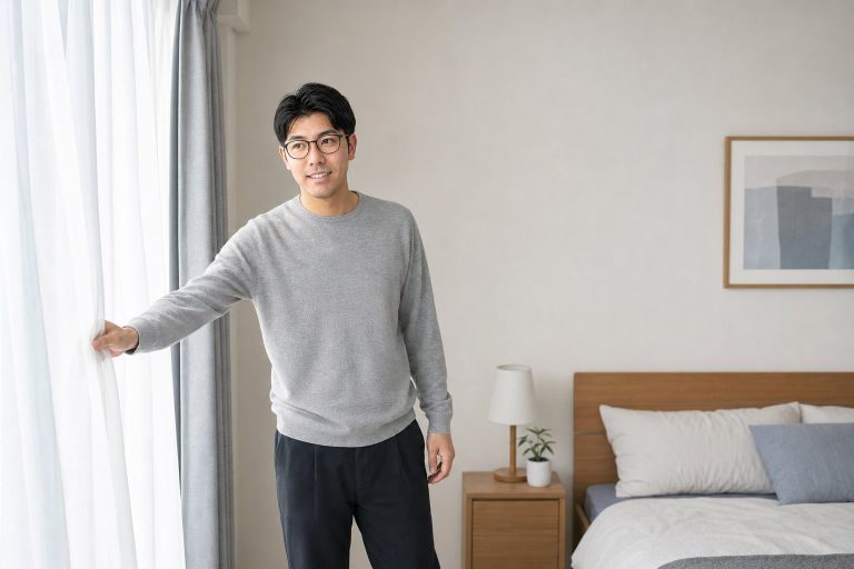 朝カーテンを開けるメガネの男性
