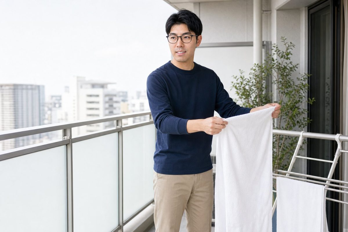 ベランダで洗濯物を干すメガネの男性