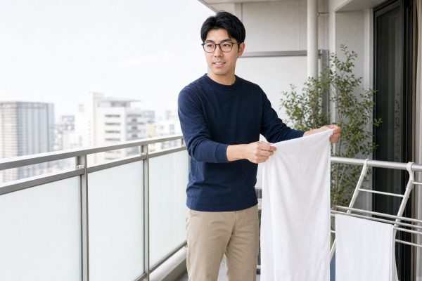 ベランダで洗濯物を干すメガネの男性