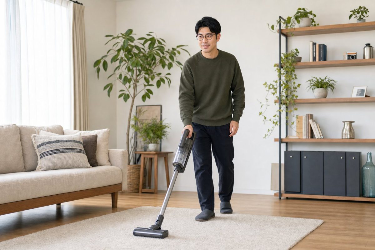 掃除機をかけるメガネの男性