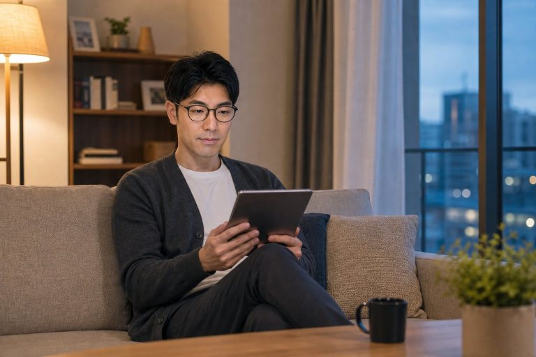 ソファで電子書籍を読むメガネの男性