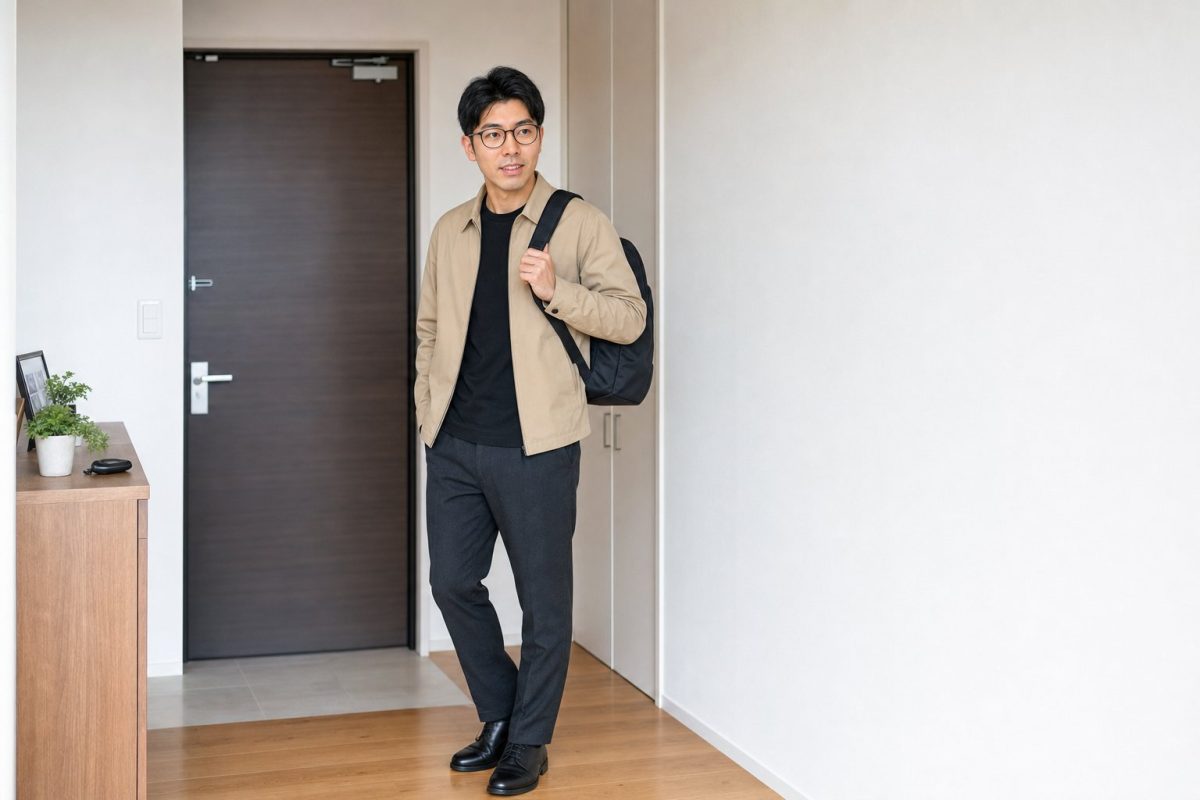 玄関で出かける支度をするメガネの男性