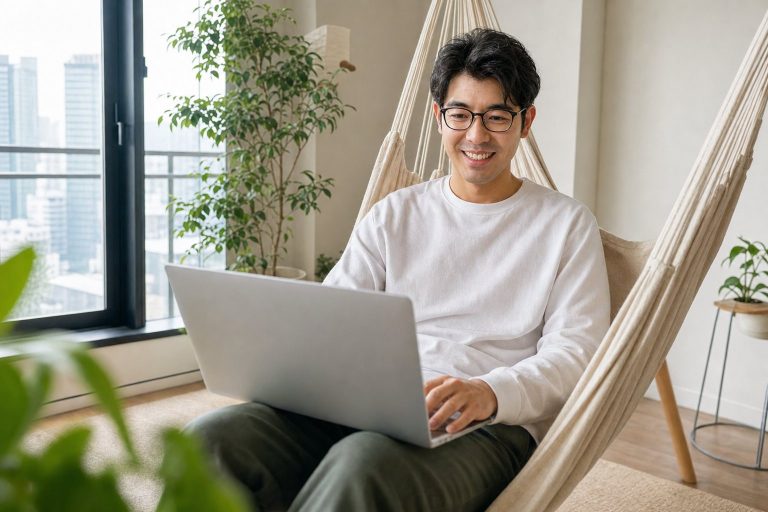 室内ハンモックでノートPCを使う男性