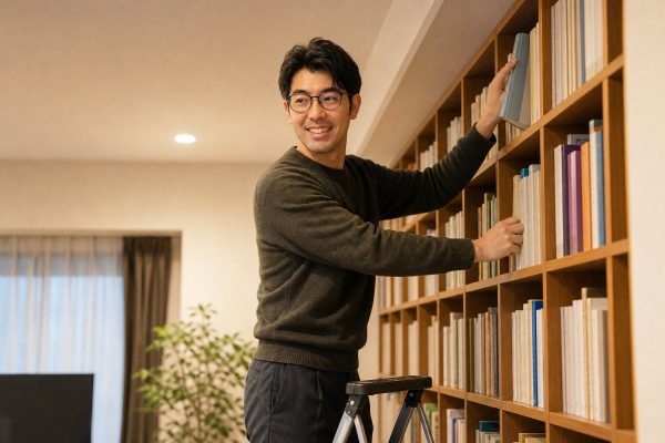 踏み台で本棚の上に手を伸ばす男性