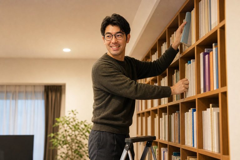 踏み台で本棚の上に手を伸ばす男性
