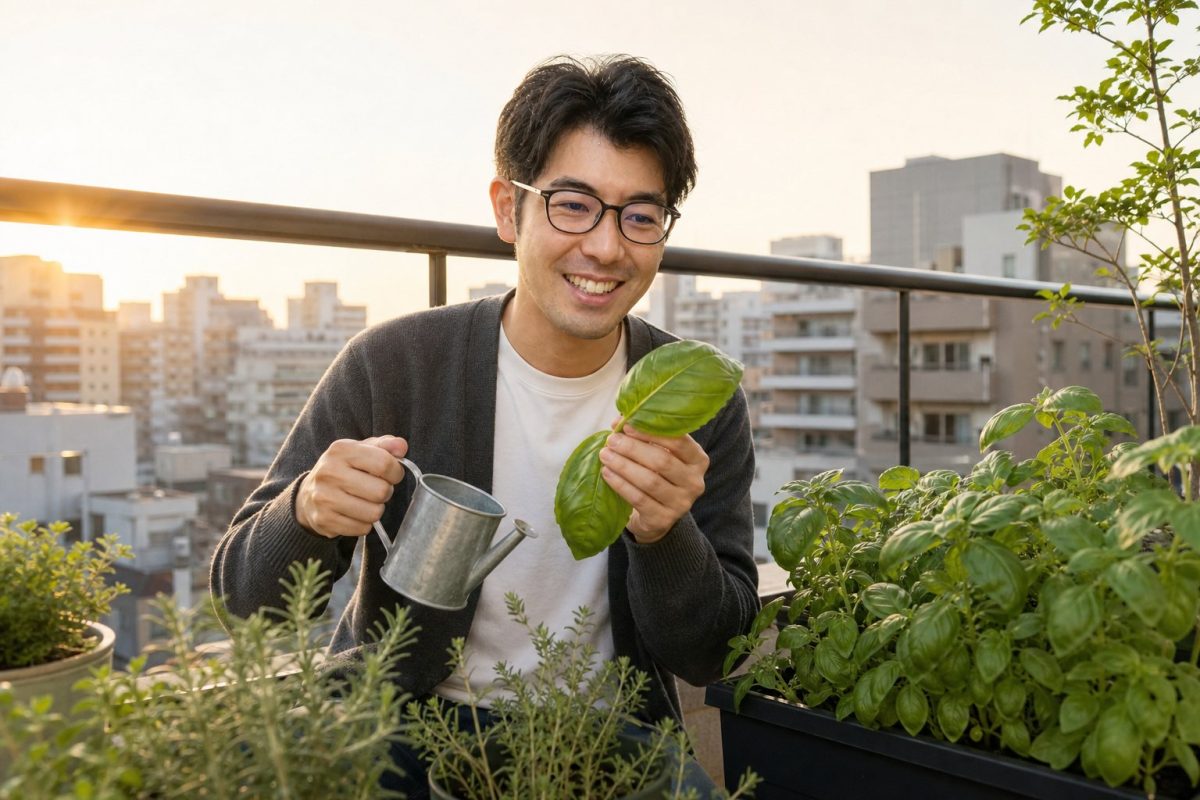ベランダ菜園のハーブを摘む男性