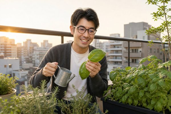 ベランダ菜園のハーブを摘む男性
