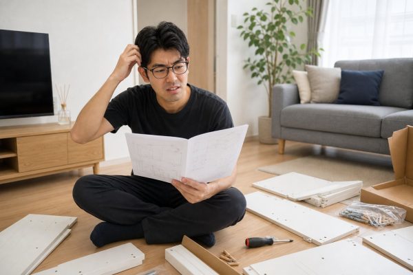 組み立て家具と格闘する男性