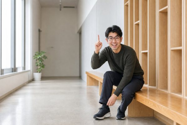 靴ひもを結びながらひらめく男性
