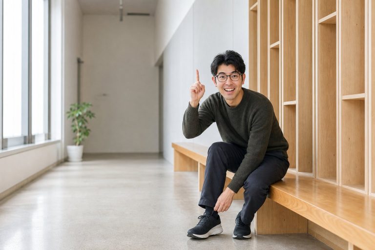 靴ひもを結びながらひらめく男性