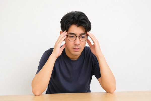 机で頭を抱えて悩む男性