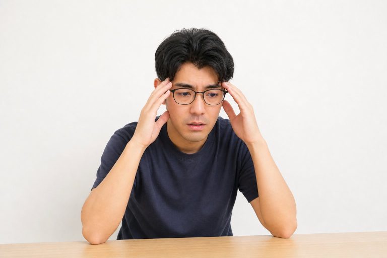 机で頭を抱えて悩む男性