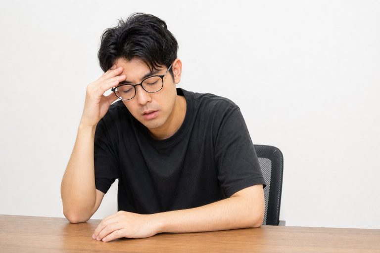 デスクワークに疲れてため息をつく男性