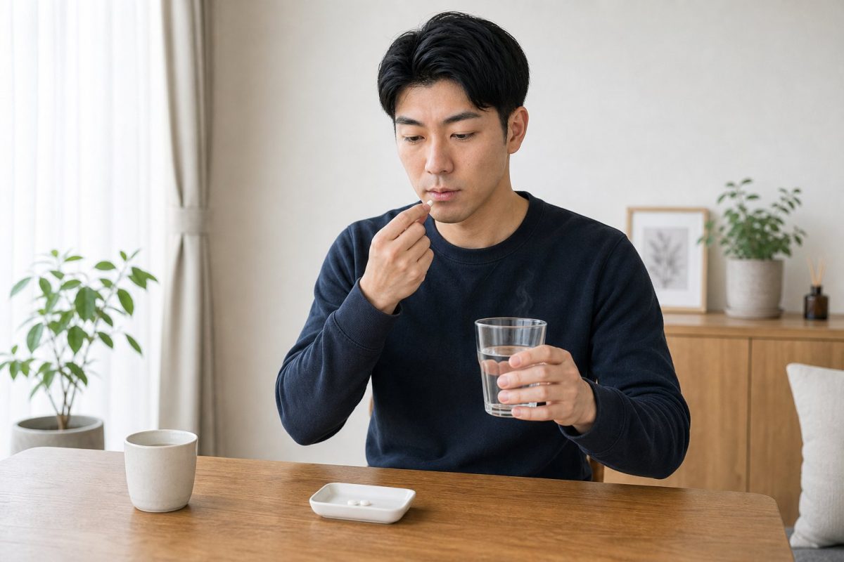水で薬を飲む男性