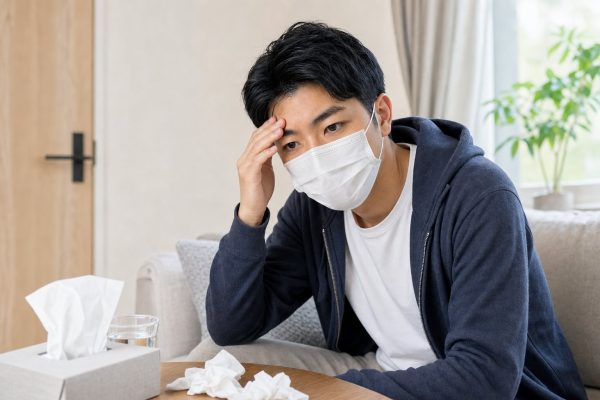 マスク姿で体調が悪そうな男性
