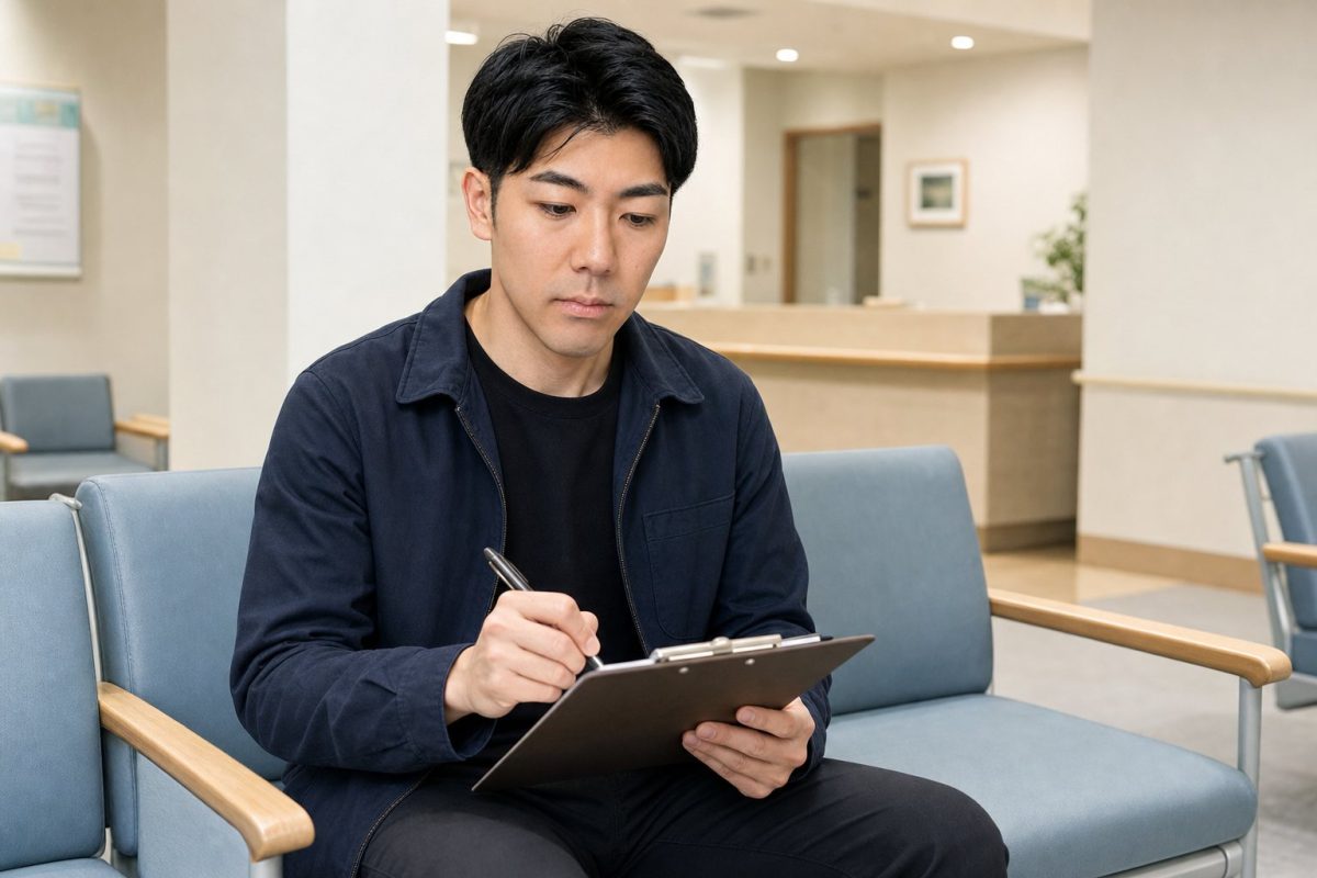 待合室で問診票を記入する男性
