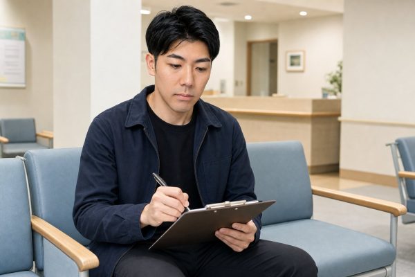 待合室で問診票を記入する男性