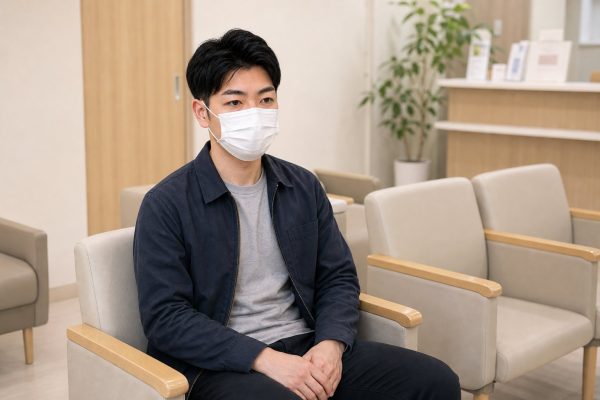 マスク姿で待合室に座る男性