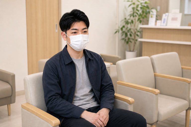 マスク姿で待合室に座る男性