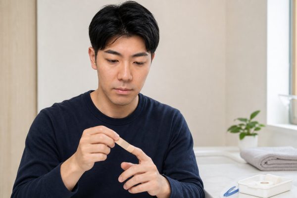 指に絆創膏を貼る男性