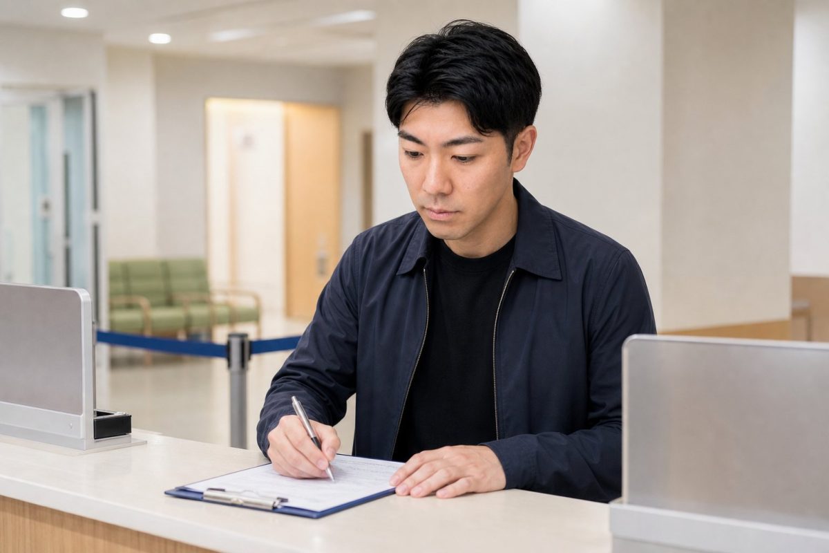 健康診断の受付で記入する男性