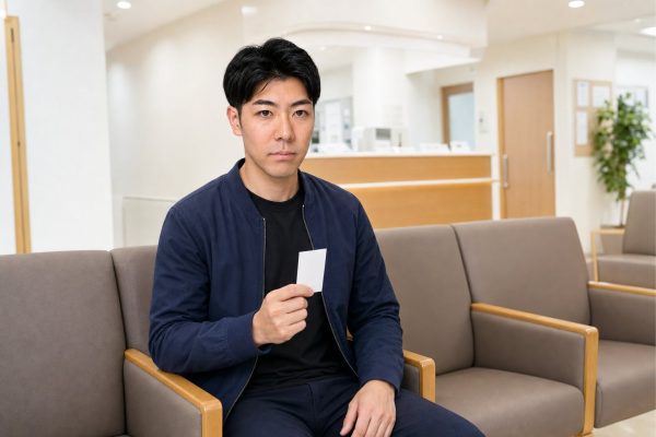 番号札を持って待合室で待つ男性