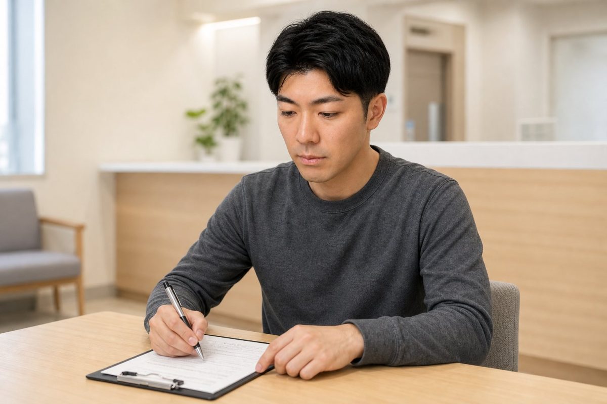 クリップボードの問診票に記入する男性