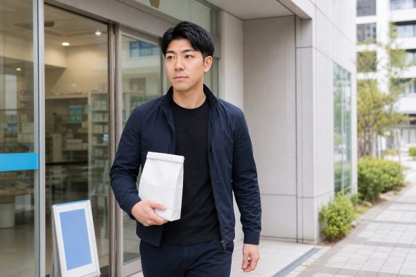 薬局の袋を持って帰宅する男性