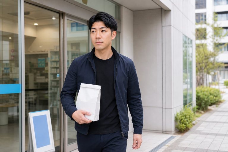 薬局の袋を持って帰宅する男性