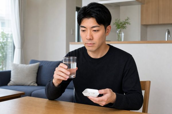 薬と水を用意する男性