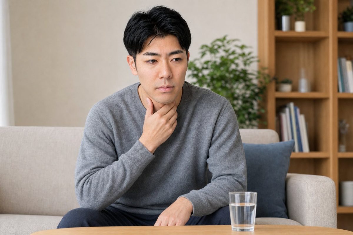 喉の痛みに顔をしかめる男性