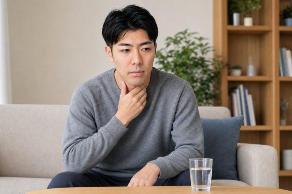 喉の痛みに顔をしかめる男性