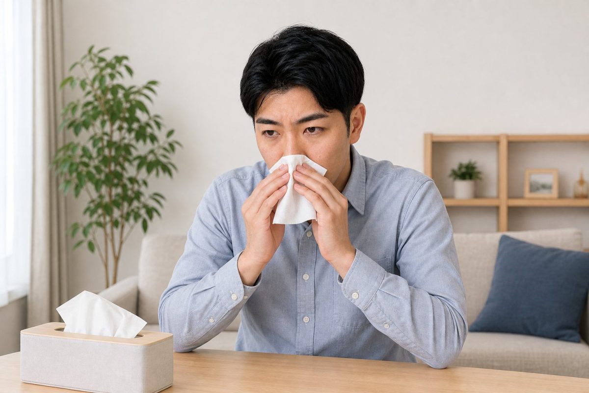 花粉症でティッシュを手にする男性