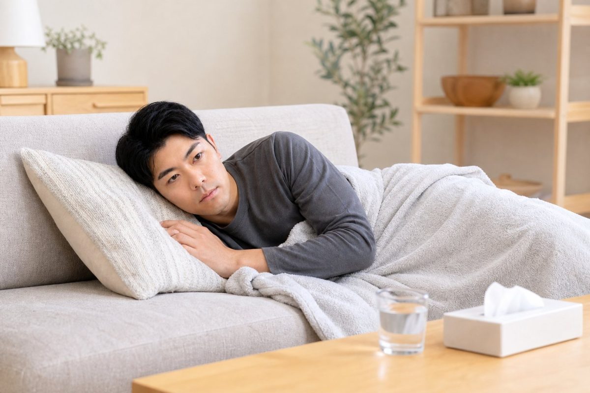 ソファで具合悪く横になる男性