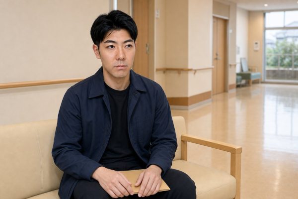 施設のロビーで順番を待つ男性