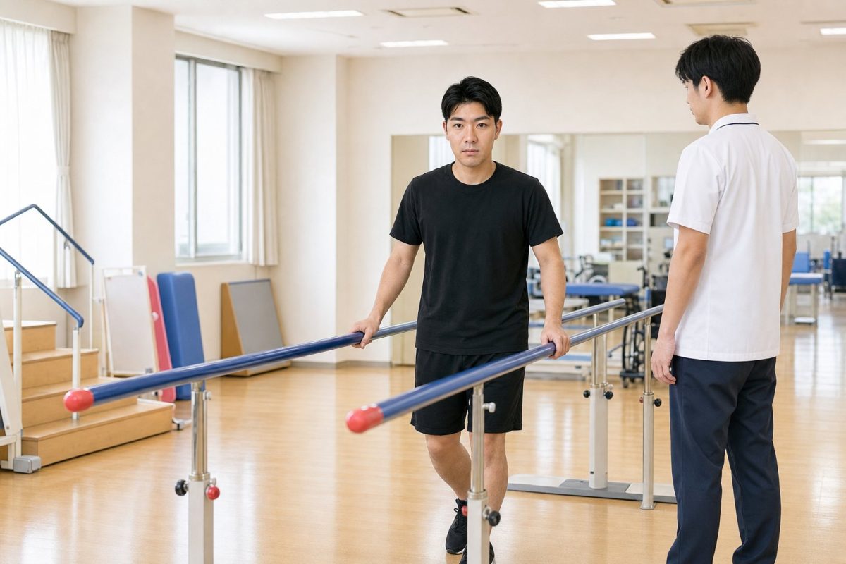 平行棒でリハビリをする男性