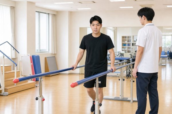 平行棒でリハビリをする男性