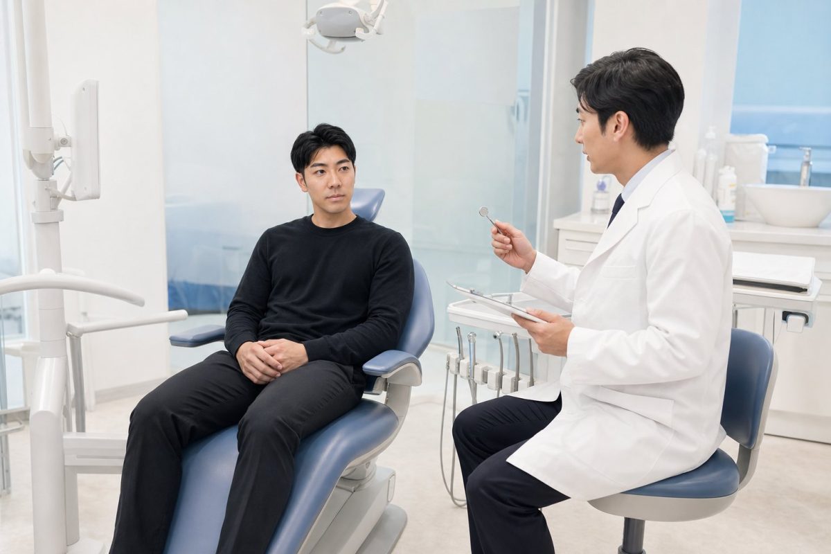 歯科で相談する男性