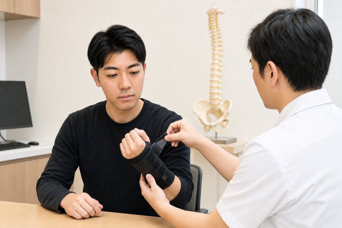 手首のサポーターを装着する男性