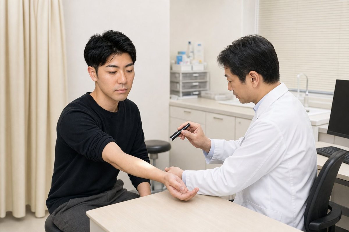 皮膚科で腕の診察を受ける男性