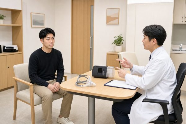 CPAP機器の説明を受ける男性