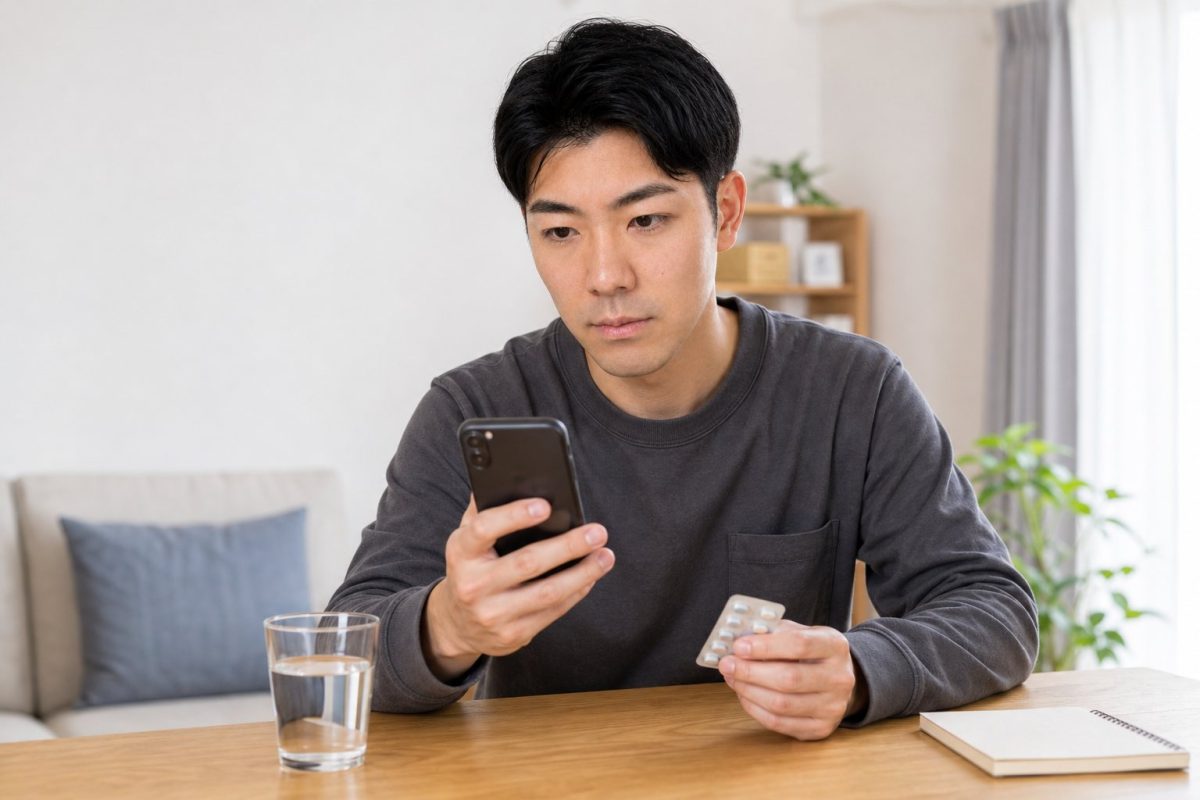 スマホの服薬リマインダーを確認する男性