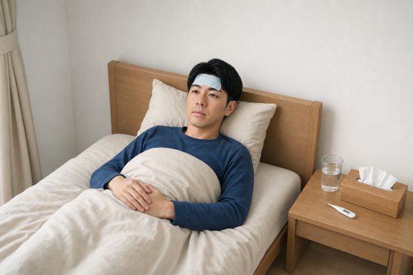 冷却シートを貼って寝込む男性