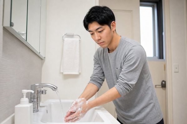 感染予防に手を洗う男性