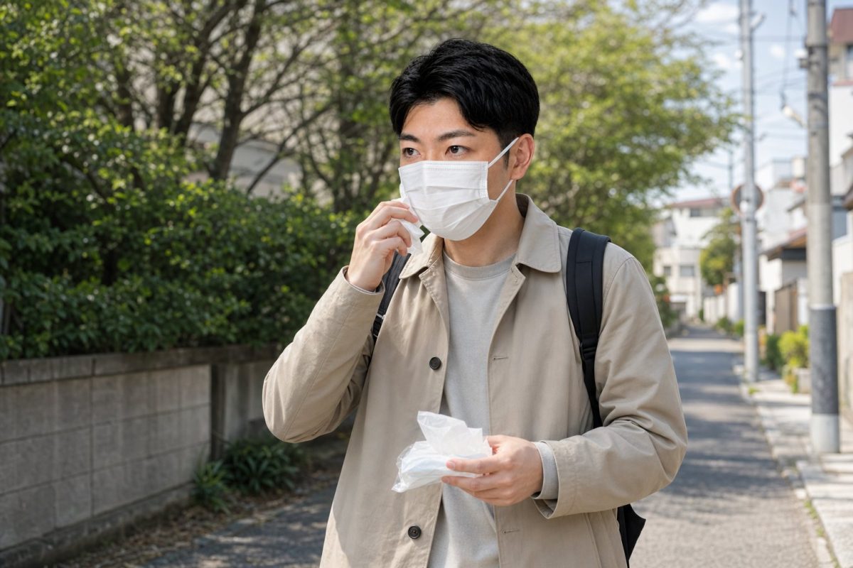 屋外で花粉症に悩む男性